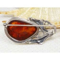 Broszka srebrna z bursztynem, handmade 420-39