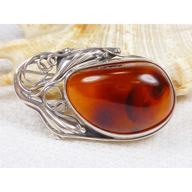 Broszka srebrna z bursztynem, handmade 420-38