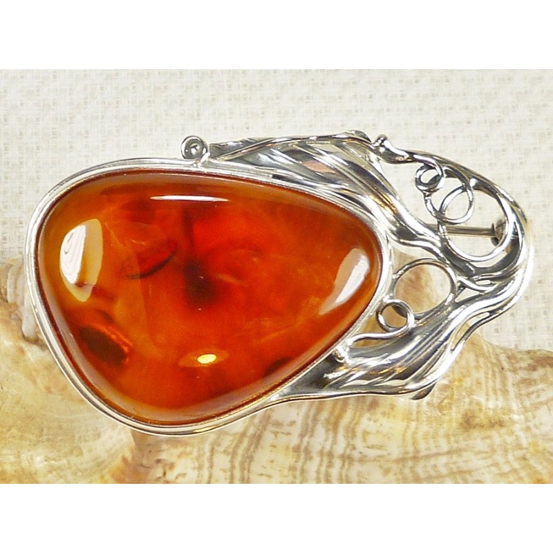 Broszka srebrna z bursztynem, handmade 420-14