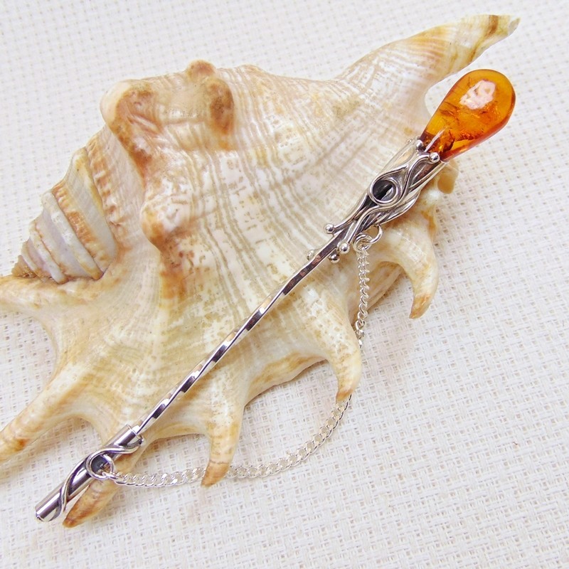 Szpilka srebrna z bursztynem, handmade 808-49