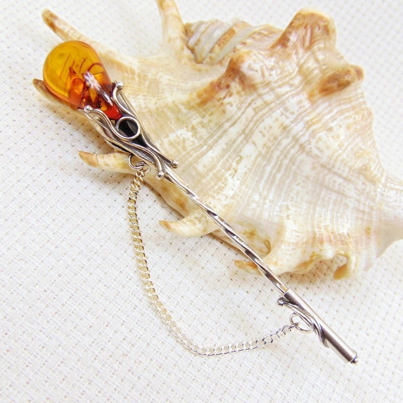 Szpilka srebrna z bursztynem, handmade 808-50