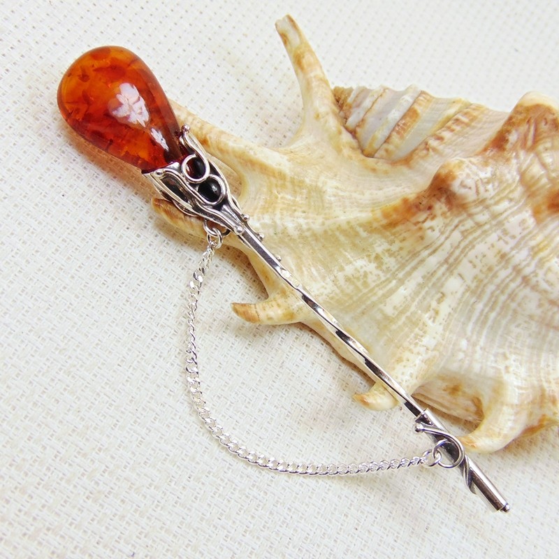 Szpilka srebrna z bursztynem, handmade 808-51