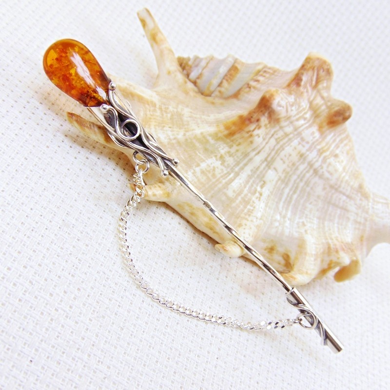 Szpilka srebrna z bursztynem, handmade 808-52