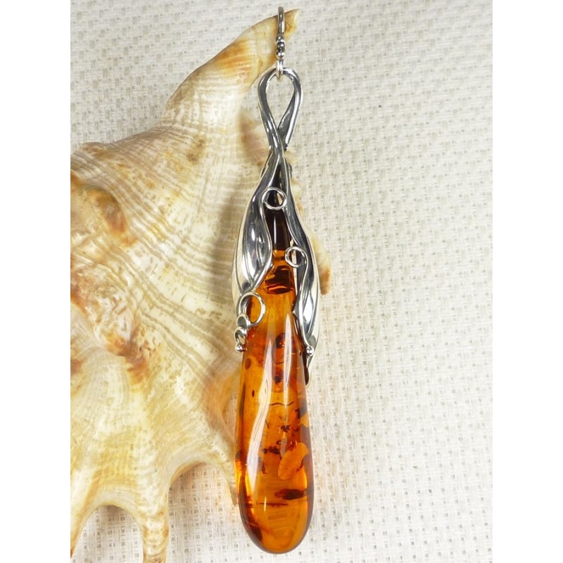 640-18 Wisiorek Srebro z Bursztynem -HAND MADE-