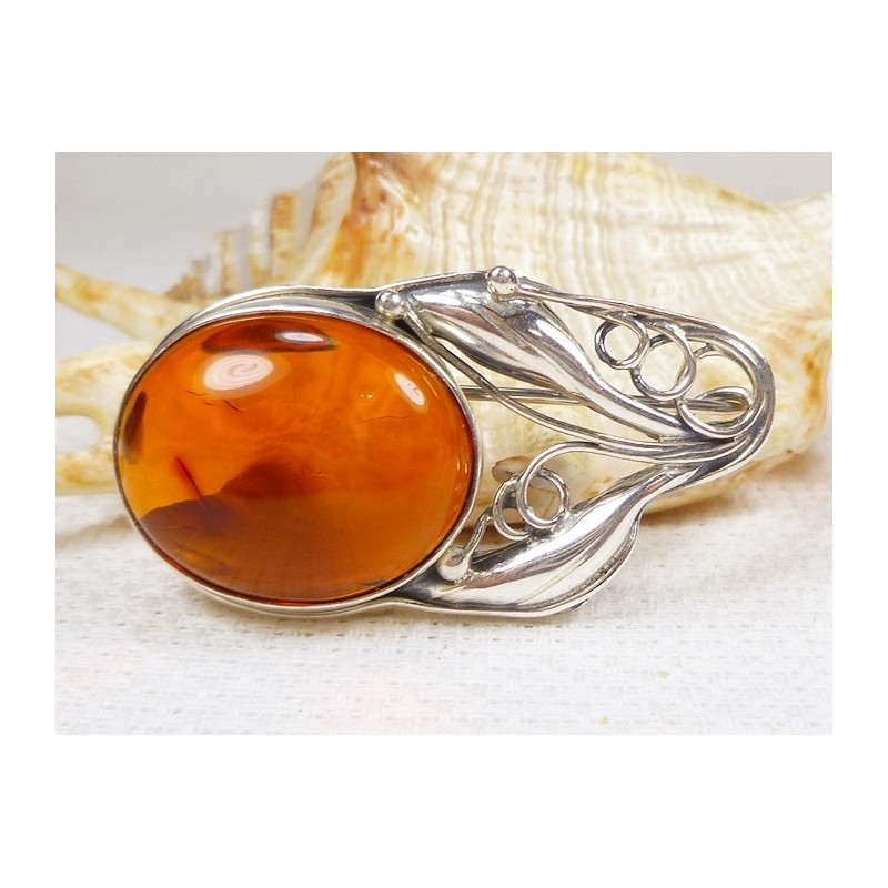 Broszka srebrna z bursztynem, handmade 410-312