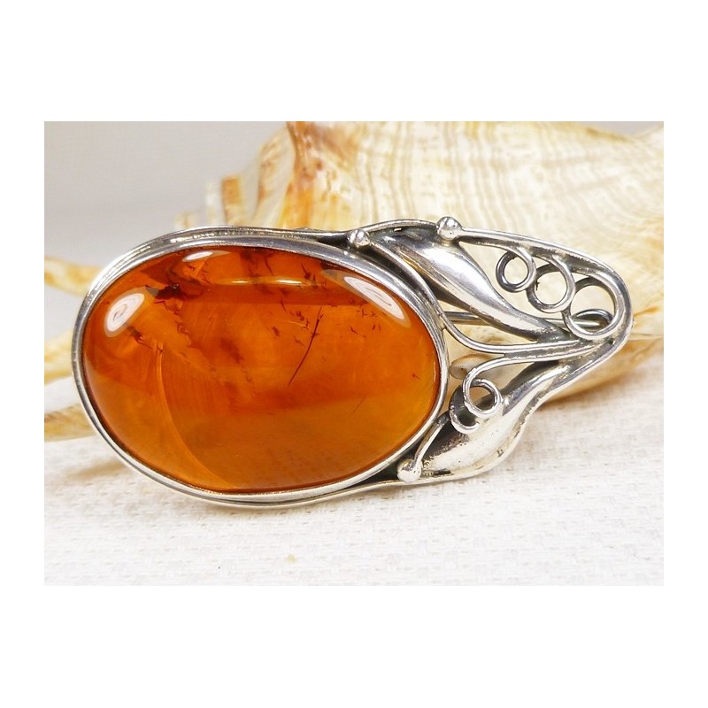 Broszka srebrna z bursztynem, handmade 410-215