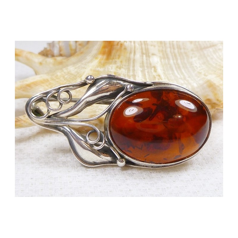 Broszka srebrna z bursztynem, handmade 410-232