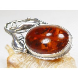 Broszka srebrna z bursztynem, handmade 410-232