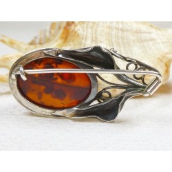 Broszka srebrna z bursztynem, handmade 410-232
