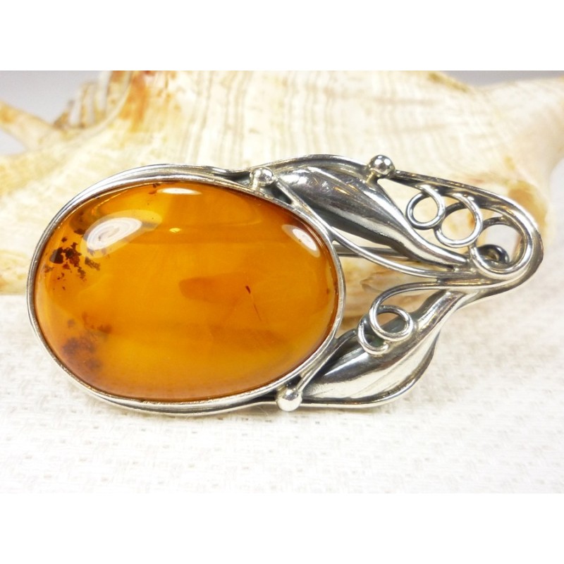 Broszka srebrna z bursztynem, handmade 410-179