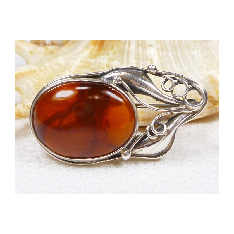 Broszka srebrna z bursztynem, handmade 410-234