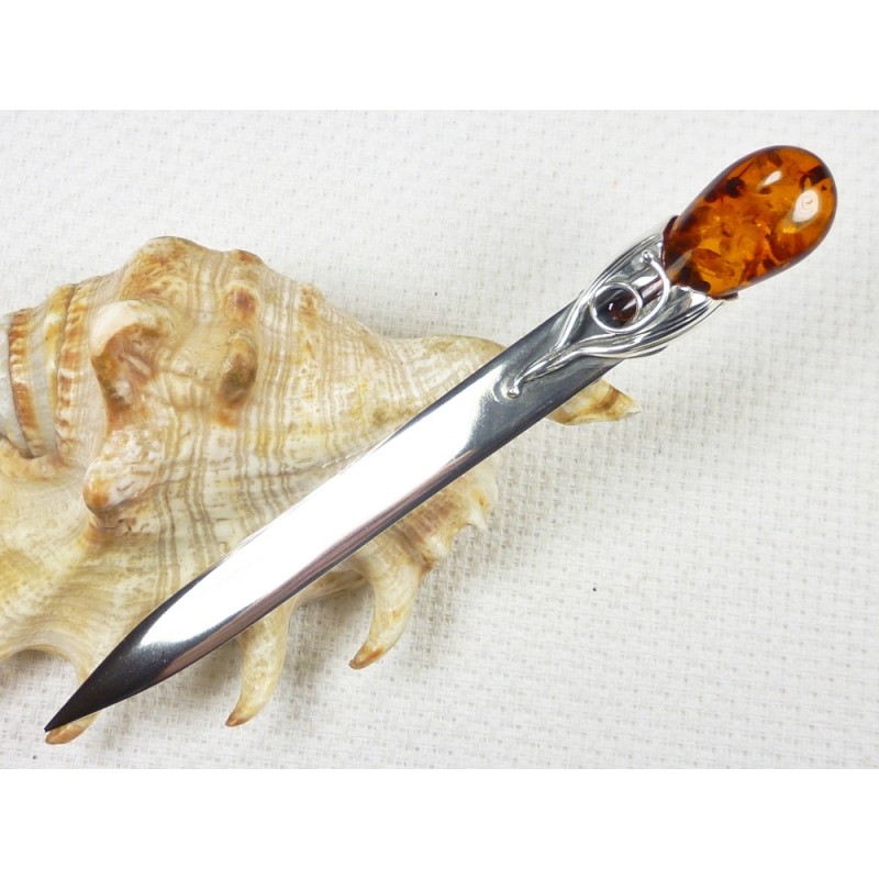 Nóż srebrny z bursztynem, 12 cm, handmade 953-22