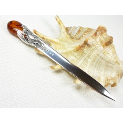 Nóż srebrny z bursztynem, 12 cm, handmade 953-22