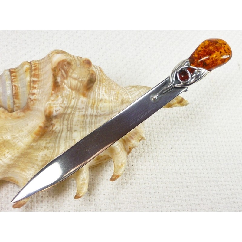 953-25 Nóż Srebro z Bursztynem -HAND MADE- 12 cm